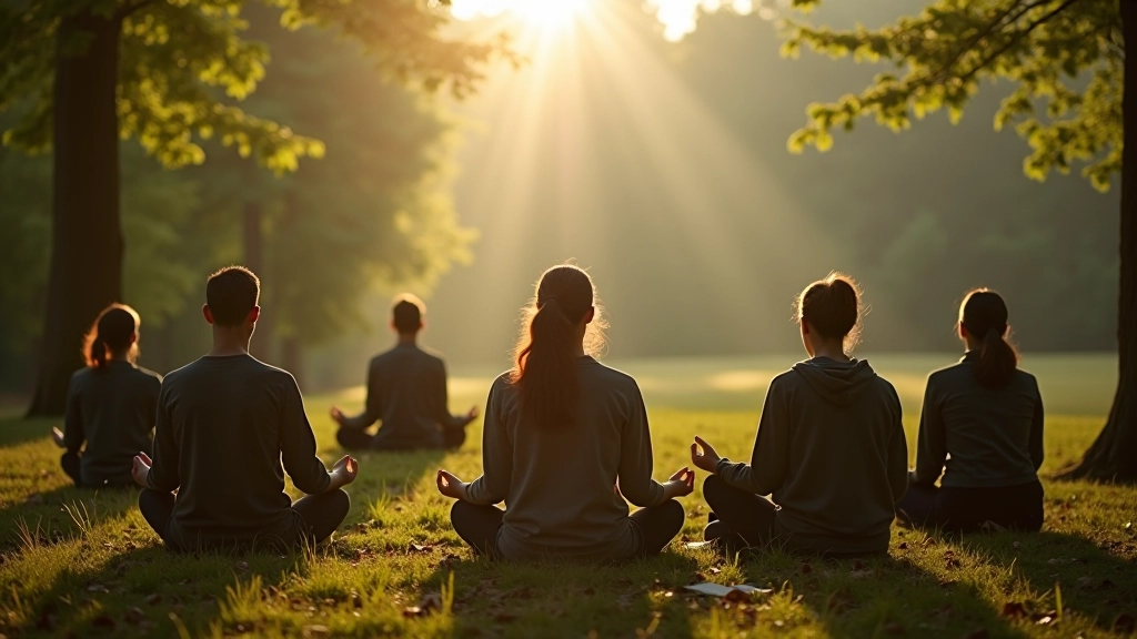 Groep meditatiedeelnemers zit samen in meditatiecirkel in Ardennen retraitecentrum omgeven door bossen