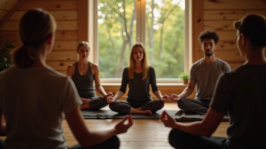 Groep deelnemers zit samen in meditatiecirkel in Ardennen retraitecentrum met uitzicht op bos