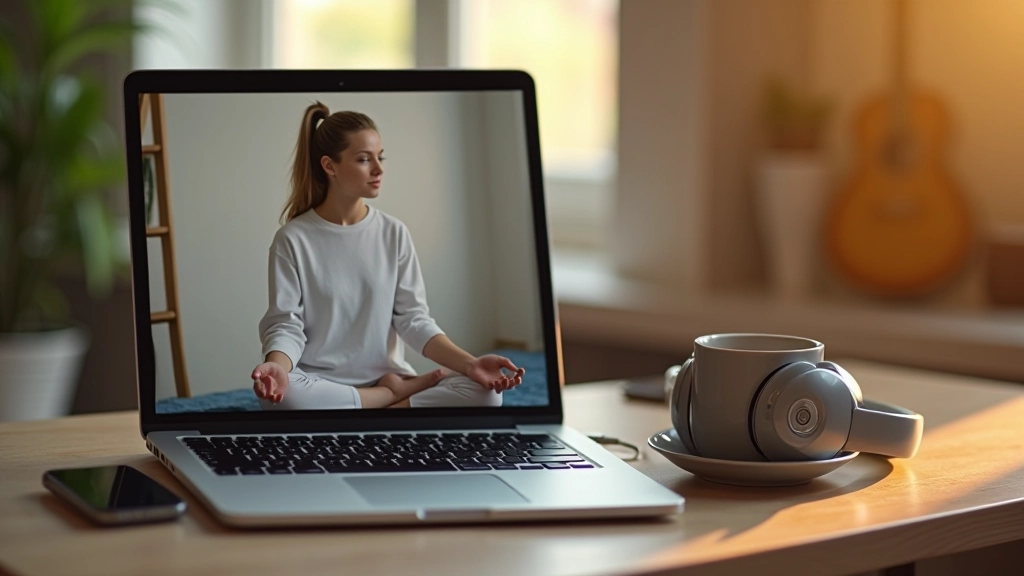 Laptop met meditatie-app op scherm, omgeven door koptelefoons en een kopje thee, werkplek voor online meditatie