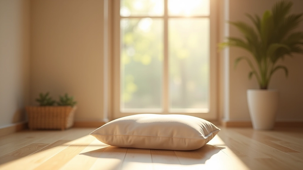 Minimalistische meditatiehoek met comfortabel kussen op houten vloer, natuurlijk licht, serene atmosfeer