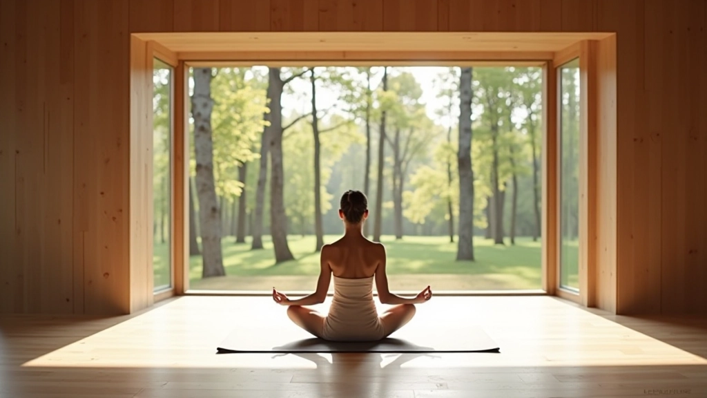 Meditatieruimte met minimalistisch design en ramen met uitzicht op bos