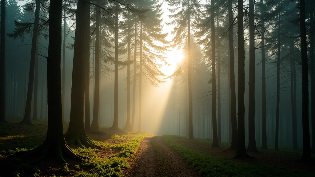 Vredige Ardennen landschap met dennenbomen en mistige ochtend in stilte