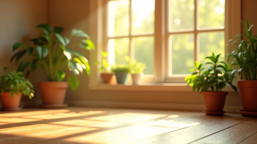 Meditatieruimte met natuurlijk zonlicht door ramen, plantjes op de achtergrond, vredige sfeer