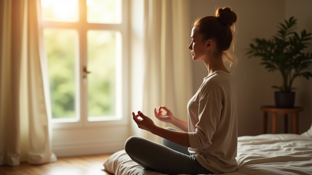 Persoon in ochtendlicht bij raam, zittend in meditatiehouding, rustige slaapkameromgeving met natuurlijke tinten