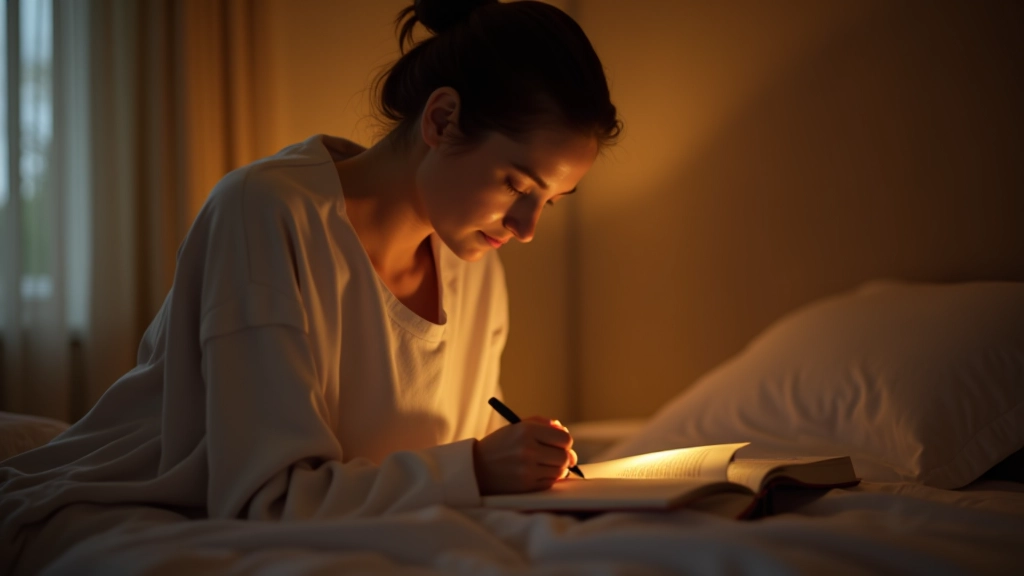 Persoon in bed met dagboek, warme schemering avondlicht, rustieke slaapkamer met zachte verlichting