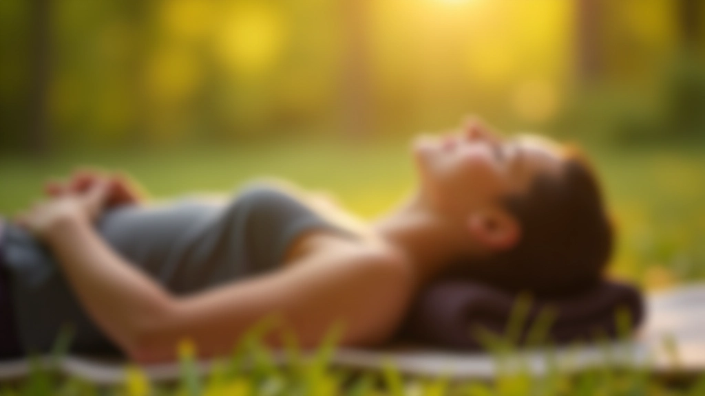 Persoon voert body scan oefening uit in liggende positie op comfortabele mat met natuurlijke omgeving