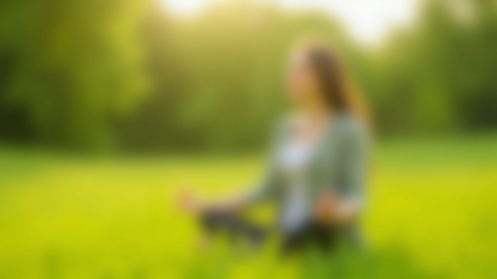 Persoon die meditatie beoefent in natuurlijke omgeving buiten, groen landschap, ochtenddauw