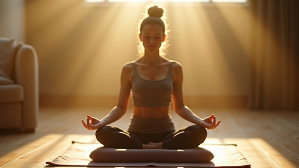 Persoon zittend op meditatiekussen met ontspannen houding, rustige thuisomgeving met zachte verlichting