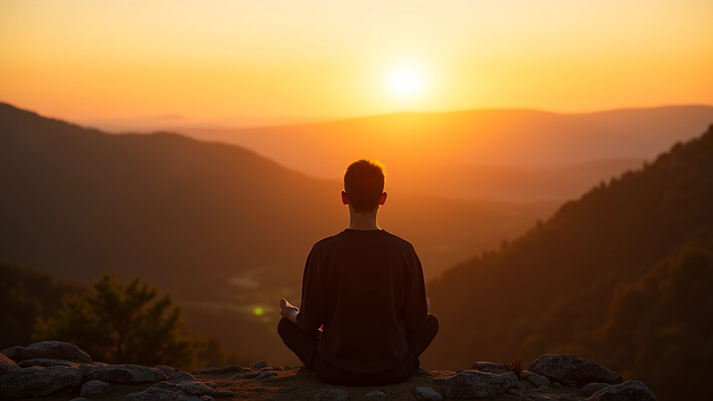 Persoon zit op bergtop met uitzicht over vallei bij zonsopgang, moment van bezinning