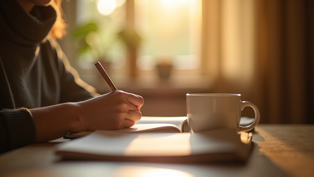 Schrijven in mindfulness dagboek met kopje thee in rustige ochtendruimte met natuurlijk licht