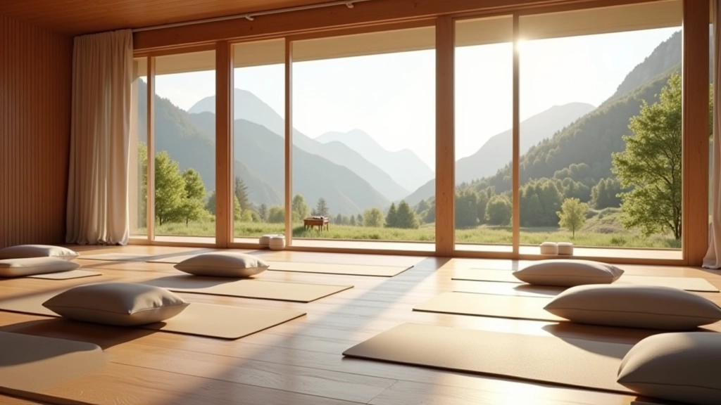 Rustige Ardennen retraite ruimte met meditatiekussens en natuurlicht, bergachtig landschap zichtbaar