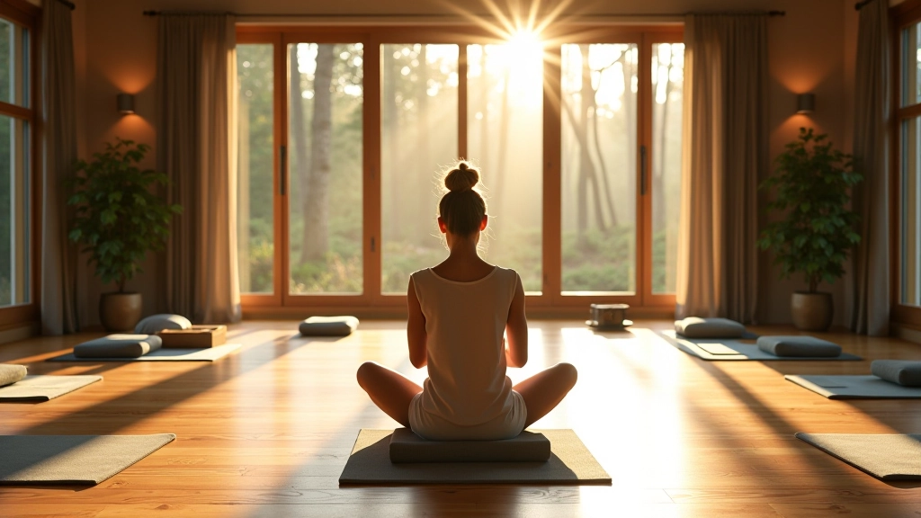 Vredige meditatieruimte met uitzicht op Ardennen bossen en natuurlijk licht door ramen