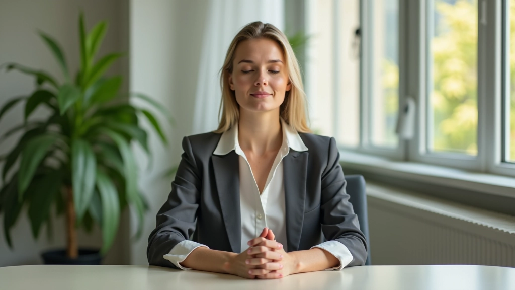 Vrouw aan bureau pauze nemend, handen rust, serene werkplek met groen plant, daglicht uit kantoorvaam
